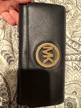 Michael Kors Black Leather Wallet with Gold MK Emblem